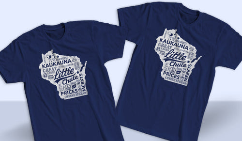 Two navy blue Wisconsin Cheese  t-shirts on a white background